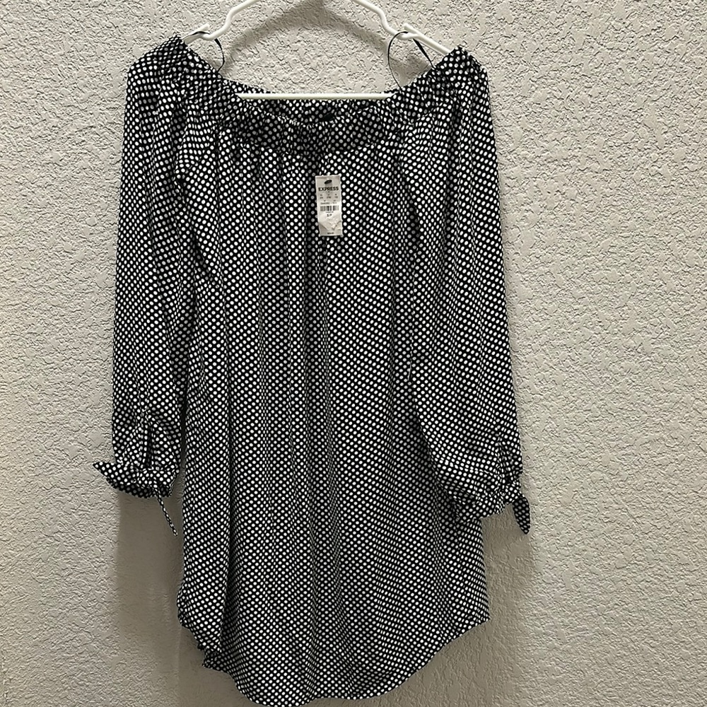 Express Black and White Smocked 3/4 Sleeve Blouse